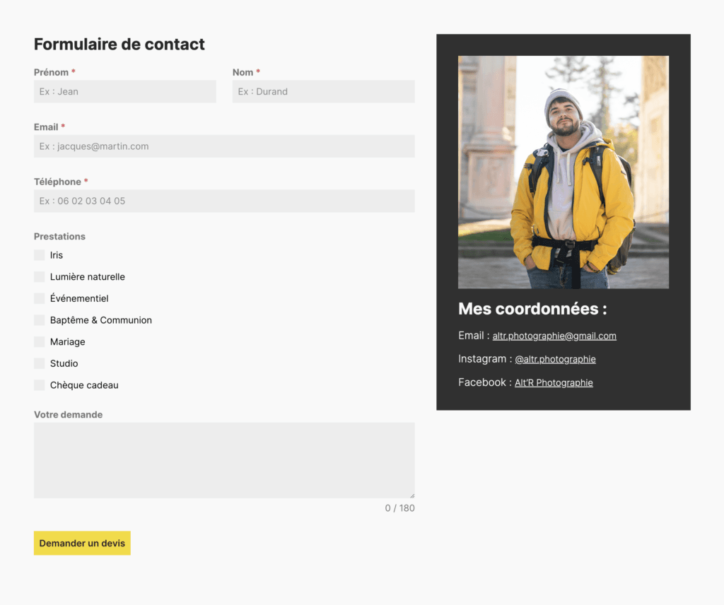 formulaire de contact et devis altr photographie