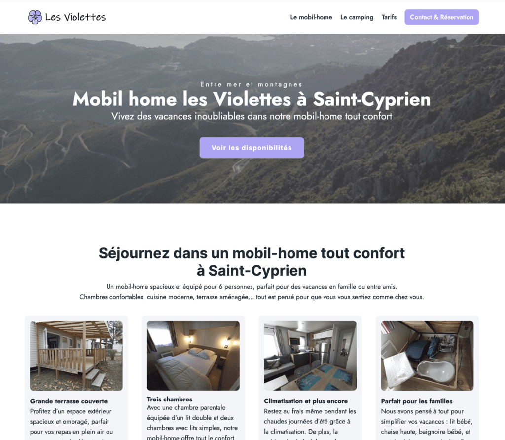 page d'accueil site internet mobil home les violettes saint cyprien